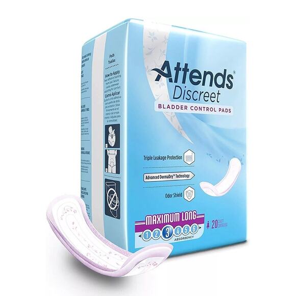 Attends Discreet Women's Maximum Long Bladder Control Pad, 20 Count - Picture 1 of 5